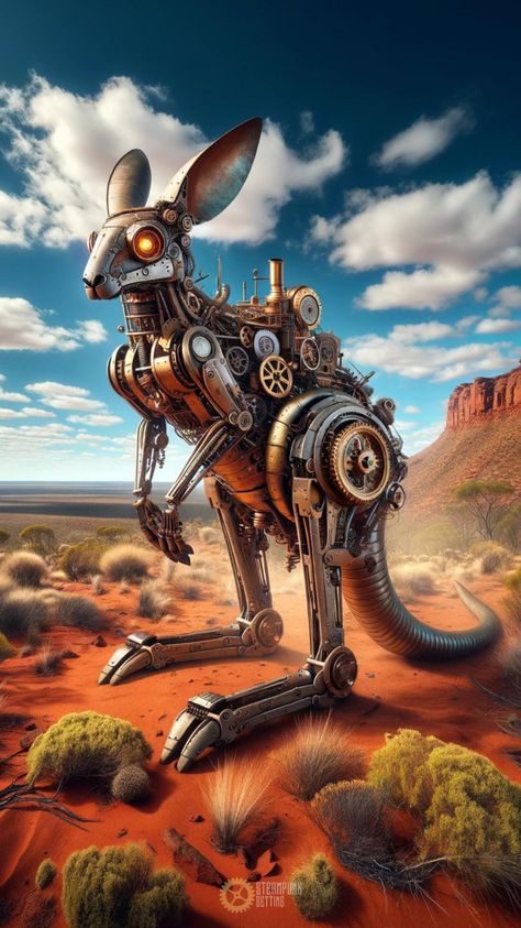 Behold the astonishing sight of a Steampunk hot kangaroo, a fusion of futuristic machinery and wildlife grace. Robotic Animals, Steampunk Phone, Steampunk Illustration, Steampunk Stuff, Art Steampunk, Scifi Fantasy Art, Diesel Punk, Steampunk Art, Hyena