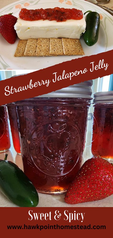 This sweet and spicy strawberry jalapeno jelly recipe is an easy recipe and results in such a delightful and delicious jelly. The strawberry jalapeno jelly is so wonderful to serve at any get-together. Pair it with cream cheese and crackers and no one can resist! It can also be used as a delicious glaze on different meats, such as chicken and pork chops. Homemade jelly is such a great gift, especially this yummy pepper fruity jelly that can be used in so many delicious ways! Jalapenos Jelly Recipe, Jalapeno Strawberry Jam Recipe, Jalapeno Jelly Recipe Canning, Strawberry Pepper Jelly Recipe, Strawberry Jalapeno Jelly Recipe, Strawberry Jalapeno Jelly, Strawberry Pepper Jelly, Strawberry Jalapeno Jam Recipe, Jalapeno Pepper Jelly Recipe