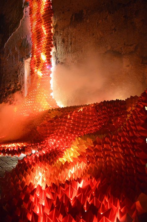 Ephemeral 'Origami Lava' Installation at Catalonia's Lluèrnia Festival of Light and Fire Origami Installation, Origami Lights, Space Graphics, Festival Of Light, Light Art Installation, Paper Installation, Fire Festival, Semester 2, Paradise Lost