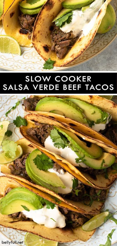 For these Slow Cooker Salsa Verde Beef Tacos, meat cooks all day in an awesome tomatillo salsa, then shredded, and topped with ripe avocado and tangy lime juice. So good! #slowcookerrecipes #crockpotrecipes #slowcookertacos #slowcookertacosbeef Tomatillo Recipes Beef, Salsa Verde Beef, Cooking Photoshoot, Texmex Recipes, Cooking Cartoon, Crockpot Shredded Beef, Tomatillo Recipes, Cooking Vegetarian, Shredded Beef Tacos