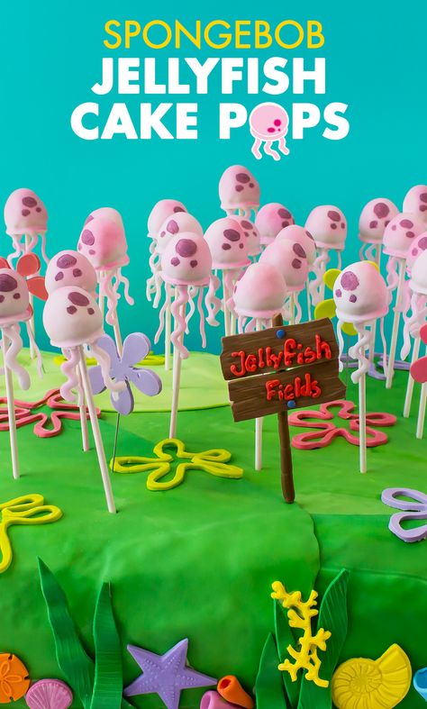 These jellyfish cakepops are the perfect addition to your kid's SpongeBob Squarepants themed birthday party! They are bite sized, an easy DIY recipe, but best of all they will make all party guests feel as if they are under the sea. Jellyfish Cake, Spongebob Jellyfish, Spongebob Birthday Party Decorations, Spongebob Birthday Cake, Bob Sponge, Cake Pops Recipe, Spongebob Cake, Spongebob Birthday Party, 25th Birthday Parties