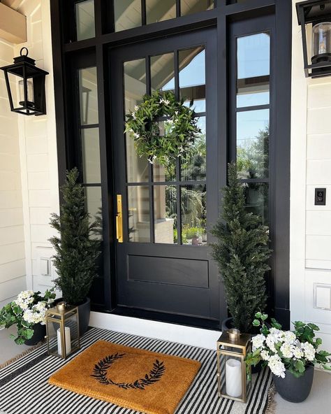 Faux Front Door Side Panels, Front Door With Glass Panels Either Side, Black And Gold Front Door, Front Door With Glass Side Panels, Black Front Doors With Glass Panels, Front Door Glass Design, Glass Panel Front Door, Front Door With Glass Panels, Exterior Doors With Glass Panels