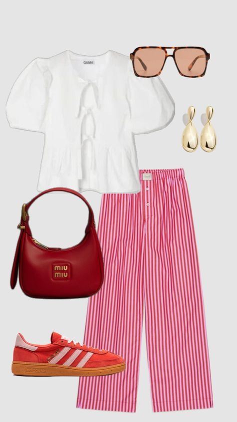 ootd fashion cute miu miu ganni striped pants east coast nantucket new york nyc outfit addidas purse gold earrings white top popular trends Red Pants Outfit, Popular Trends, Red Pants, Earrings White, Red Outfit, Nantucket, Striped Pants, Ootd Fashion, Pants Outfit