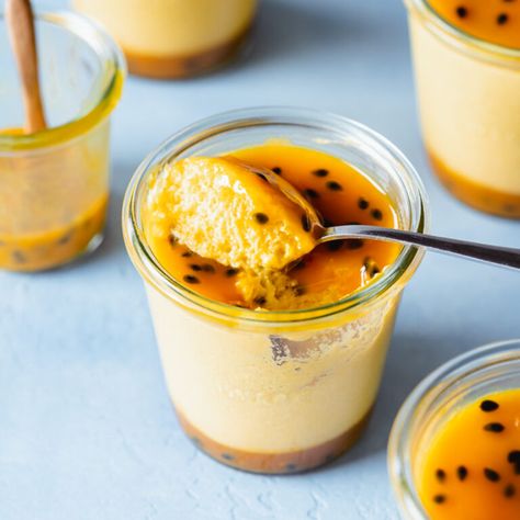 Vegan Mango Passion Fruit Mousse Passionfruit Mousse, Vegan Sweetened Condensed Milk, Passion Fruit Ice Cream, Fruit Mousse, Passion Fruit Mousse, Mango Passionfruit, Passion Fruit Curd, Passionfruit Recipes, Gluten Free Shortbread