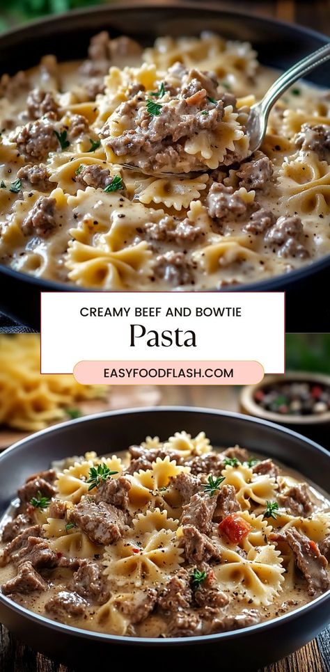 This Creamy Beef and Bowtie Pasta is the perfect comfort food for any night of the week! With savory ground beef, tender bowtie pasta, and a rich, creamy sauce, this dish is both filling and delicious. It's quick to make and sure to please the whole family! Bowtie Pasta Recipe, Bow Tie Pasta Recipe, Bowtie Pasta, Pasta Recipe, Creamy Sauce, Pasta Recipes, Ground Beef, Homemade Recipes, Main Dishes