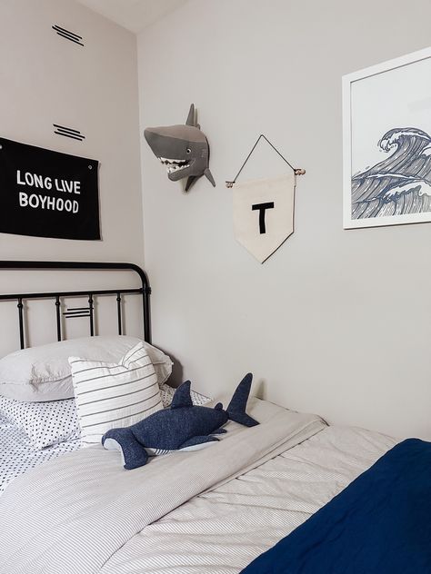 Shark Toddler Room, Shark Bedroom Decor, Boys Shark Room, Shark Bedroom Boys, Boys Room Black Bed, Boys Shark Bedroom, Toddler Ocean Room, Toddler Surf Bedroom, Shark Bedroom Ideas For Kids