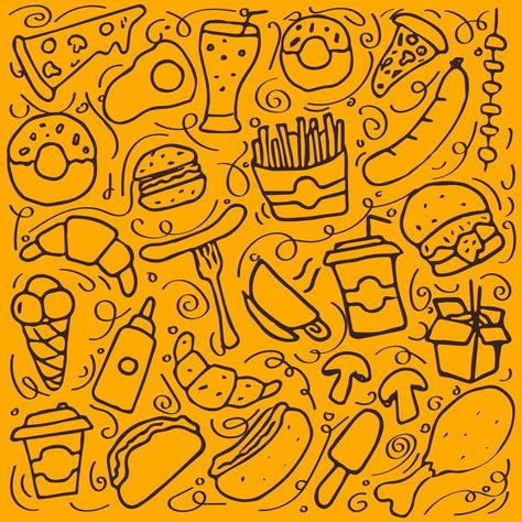 Orange pattern with fast food icons. Doodle food background Food Pattern Design, Food Background Design Graphics, Fast Food Logo Design Ideas, Food Background Design, Food Pattern Illustration, Foodies Logo, Fast Food Background, Food Mural, Fast Food Illustration