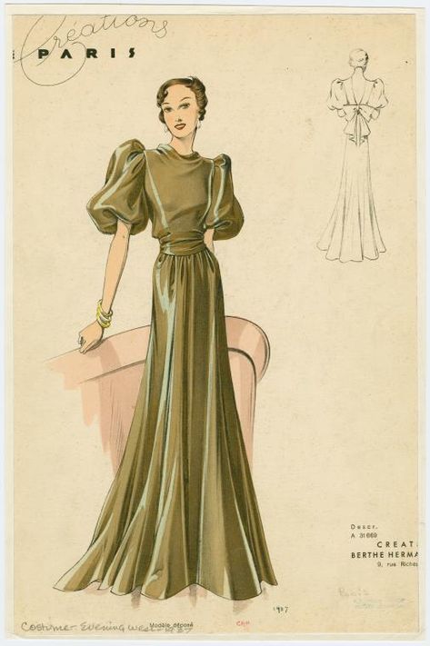 Vintage Fashion Sketches, Vintage Fashion 1930s, 1930 Fashion, Gown Fashion, Fashion Illustration Vintage, 30s Fashion, Vintage Dress Patterns, Fashion Mask, Paris Paris