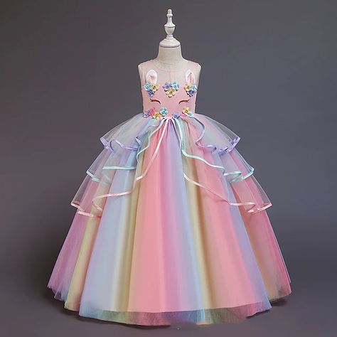 Rainbow Costumes, Unicorn Outfit, Cheap Party Dresses, Carnival Halloween, Princess Flower, Outfits Dress, Styles Summer, Rainbow Dress, Pink Maxi