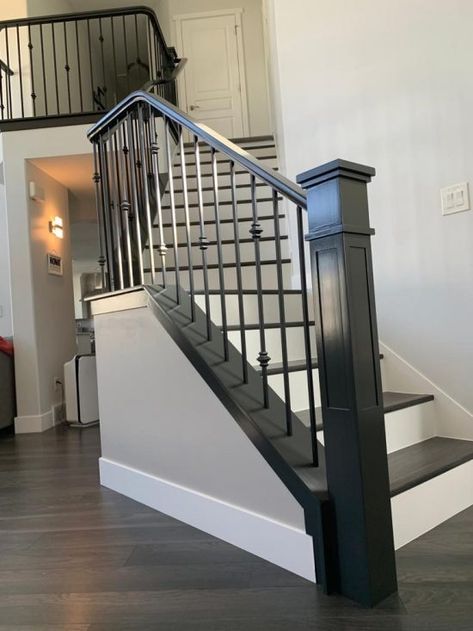 Black Wooden Stair Railing, Grey Stairs Black Railing, Gray Railings For Stairs, Stairs Design Black And White, Black And Gray Staircase, Painted Wood Stair Railing, Gray Stair Railing, Iron Ore Stair Railing, Black Stair Banister