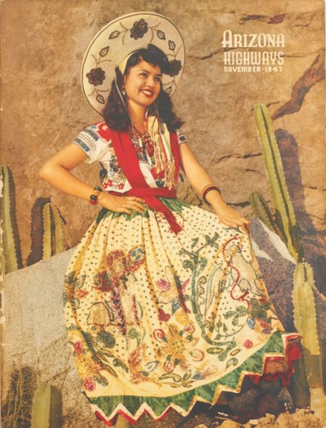 vintage AZ highways magazine, 1947- love, love, LOVE her skirt!! (I think the design is SEQUINS!) Traditional Mexican Dress, Style Inspiration Vintage, Mexican Fashion, Mexican Outfit, Mexican Women, Vintage Cowgirl, Mexican Dresses, Mexican Culture, Mexican Style