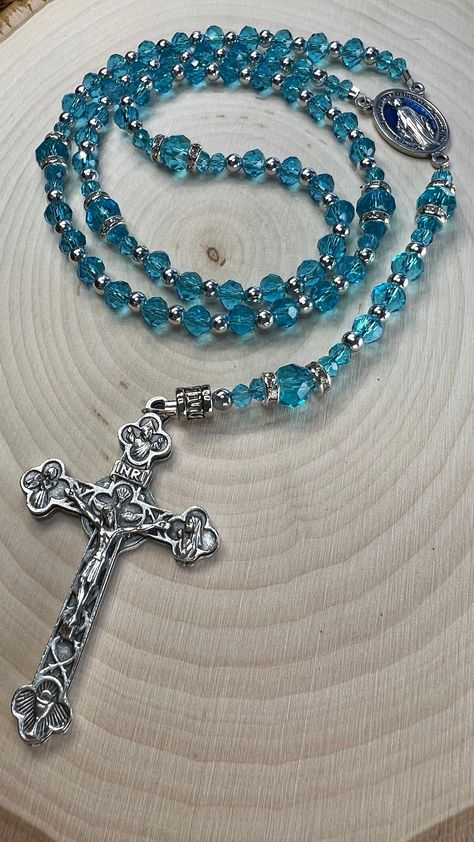 Excited to share the latest addition to my #etsy shop: Beautiful Miraculous Medal Rosary/Handmade/Unique Design/Rare Find/ Low in Stock https://etsy.me/3Xu699S #blue #birthday #silver #catholicrosary #devotionalrosary #rarefind #miraculousmedal #5decadesrosary #blueand Rosary Design, Catholic Rosary Bracelet, Blue Rosary, Handmade Rosary, Rosary Jewelry, Rosary Beads Catholic, Rosary Prayer, High Fashion Jewelry, Saint Michael