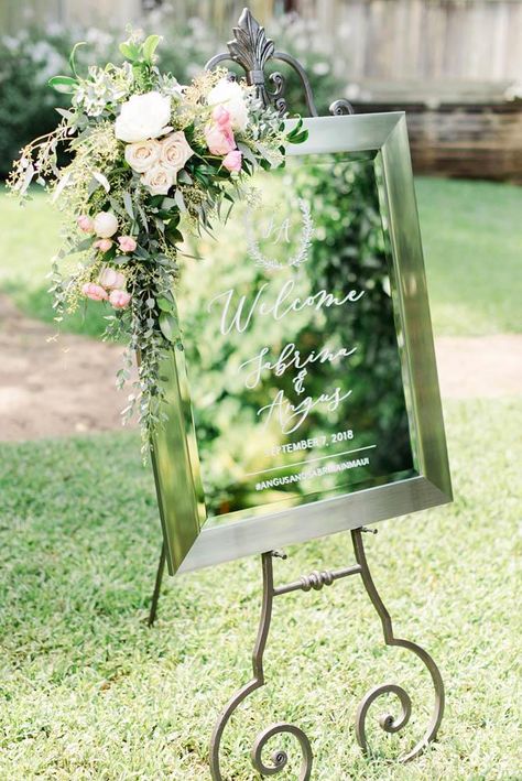 15 Glam Wedding Decor Ideas | Page 5 of 6 | Wedding Forward Welcome Sign With Flowers, Mirror Welcome Sign, Sign With Flowers, Mirror With Flowers, Glam Wedding Decor, Nerdy Wedding, Top Wedding Trends, Wedding Reception Ideas, Wedding Decor Ideas