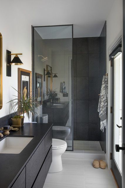 Slate Bathroom, Black Tile Bathrooms, Inlaw Suite, Black Vanity Bathroom, Bathroom Vanity Designs, Vanity Design, Guest Bathrooms, Bathroom Trends, Bathroom Countertops