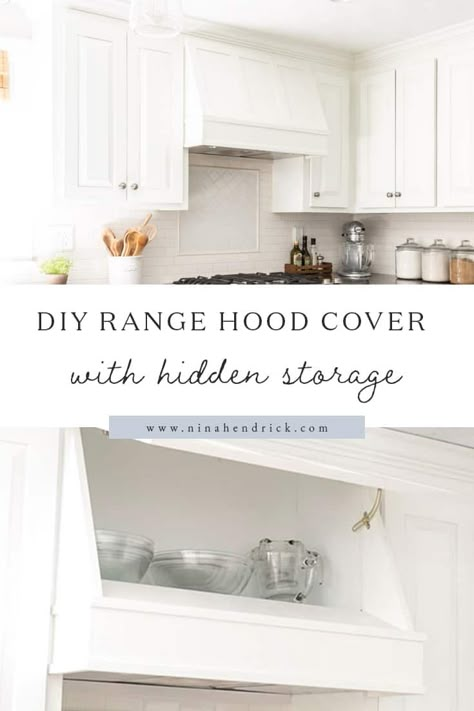 Rather than wasting the space, learn how to use the existing ducting and cabinet above your stove to create a custom DIY range hood cover with hidden storage. Cover Range Hood, Over Stove Cabinet Ideas, Cabinet Above Stove Ideas, Hood With Cabinets Above, Hidden Microwave Over The Stove, Range Hood With Storage, Hood Over Stove Ideas, Cabinet Over Stove, How To Hide Range Hood