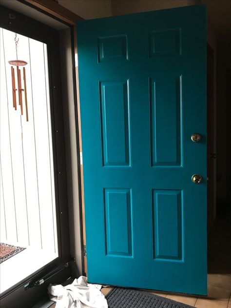 Sherwin Williams Maxi Teal Maxi Teal Sherwin Williams, Teal Entry Door, Farmhouse Teal Front Door, Teal Doors Front Entrance, Teal Exterior Door, Sherwin Williams Teal Paint Colors Front Doors, Teal Front Door, Agean Teal Front Door, Teal Front Doors