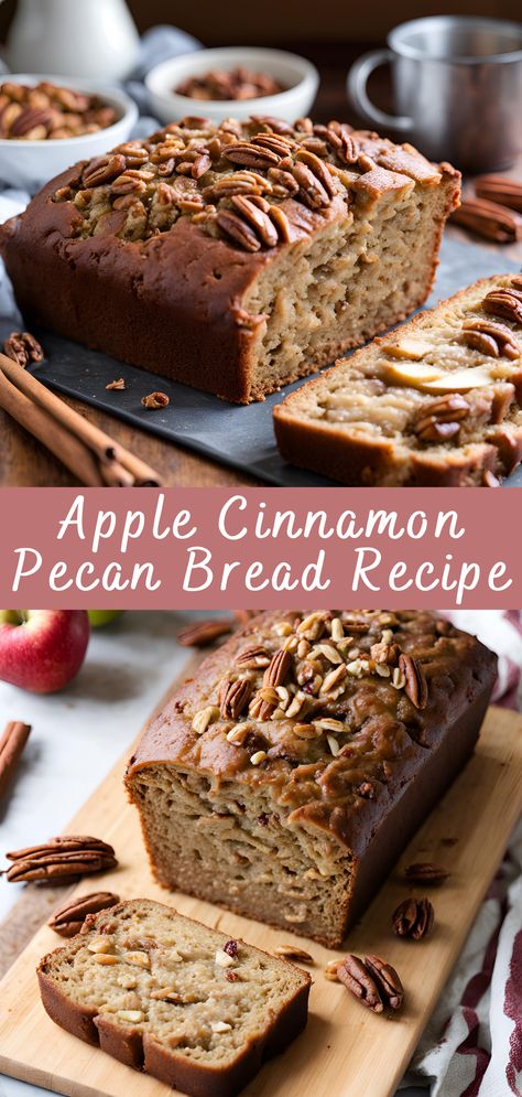 Apple Cinnamon Pecan Bread is a delightful and comforting treat that combines the sweet and tart flavors of apples with the warm spices of cinnamon and the rich crunch of pecans. This recipe yields a moist, flavorful loaf that's perfect for breakfast, brunch, or as a snack any time of the day. White Chocolate Pecan Bread, Apple Pecan Bread Recipe, Apple Cinnamon Pecan Bread Recipe, Apple Date Bread, Sweet Pecan Bread, Apple Cinnamon Pecan Bread, Cinnamon Pecan Bread, Cinnamon Pecan Bread Recipe, Apple Nut Bread Recipe