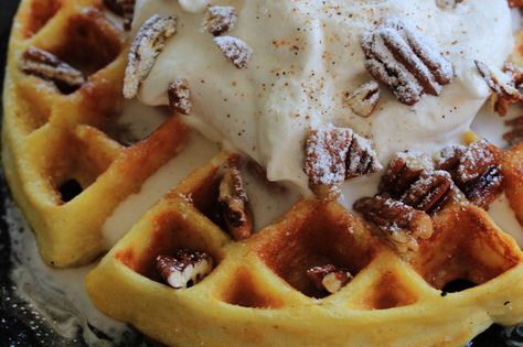 Butter Pecan Waffles, Brunch Waffles, Bourbon Whipped Cream, Pumpkin Pecan Waffles, Pecan Waffles, Waffle Day, Waffle Recipe, Pumpkin Waffles, Waffle Toppings