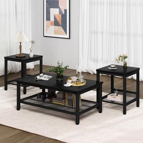 Gray Green Living Room, Black Living Room Table, Coffee Table And Side Table, Navy Living Room, Living Room Table Set, Navy Living, 3 Piece Coffee Table Set, Living Room Table Sets, Coffee Table Size