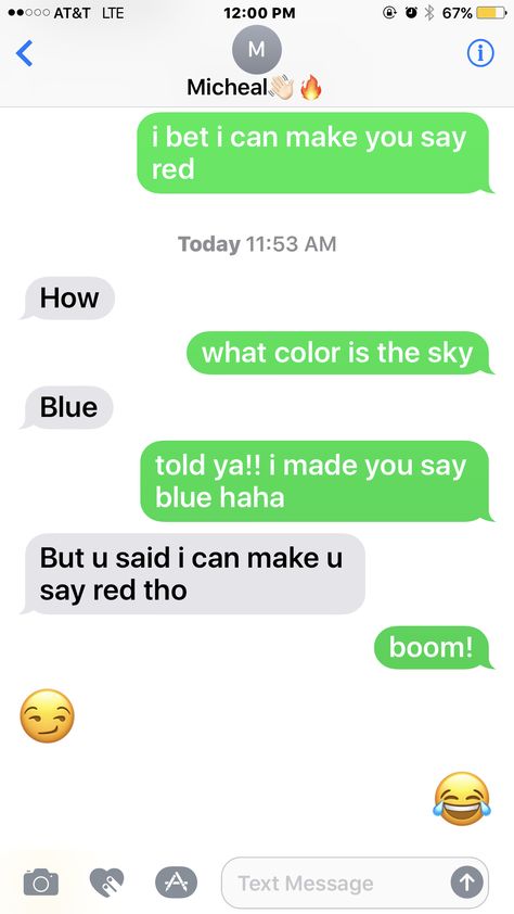 "I Bet I Can Make You Say Red" trick😂 #tricks #text #message #red Job Memes, Text Messages Boyfriend, Sarcastic Humour, Text Pranks, Funny Text Fails, Good Pranks, Funny Text Conversations, Corny Jokes, Text Fails