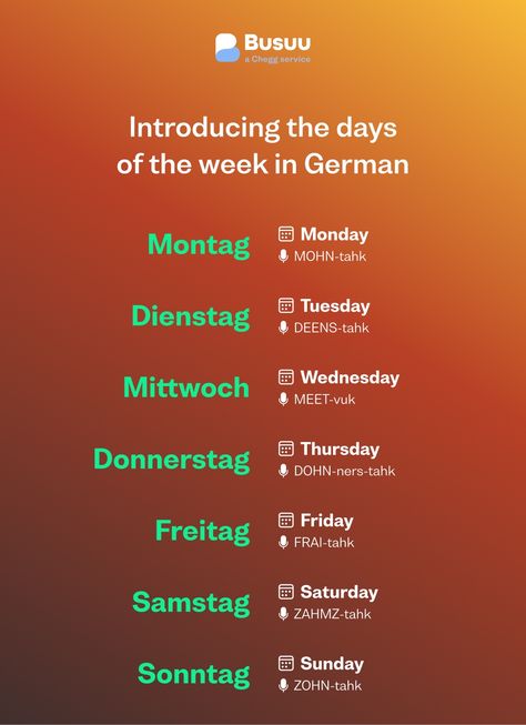 Method for Remembering the German Days of the Week - Busuu German Days Of The Week, German To English, Norse Names, Pronunciation English, English Day, Unit Of Time, German Translation, Grammar Tips, German Words