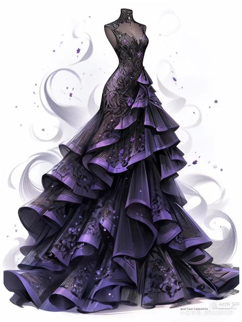 Purple And Black Dress Gowns, Dark Purple Fantasy Dress, Dark Purple Dress Formal, Beautiful Dress Drawing, Purple Fantasy Dress, Fantasy Dress Art, Purple Princess Dress, Amethyst Dress, Magical Dress