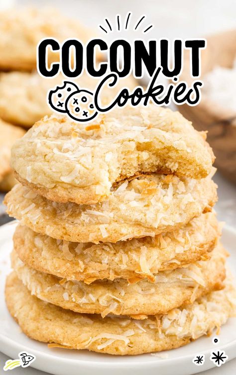 a close up shot of Coconut Cookies stacked on top of each other on a plate with one having a bite taken out of it Air Fryer Hacks, Jar Cookies, Coconut Cookies Recipes, Fluff Desserts, Lunchbox Treats, Coconut Desserts, Shortbread Cookie Recipe, Candy Cakes, Homemade Hot Chocolate