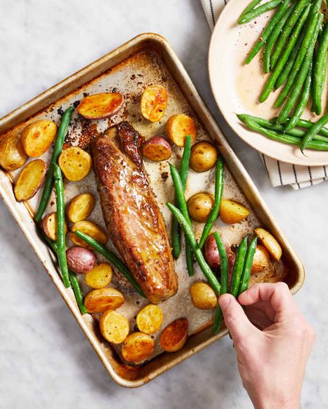 Sheet Pan Pork Tenderloin and Potatoes Recipe (Easy Weeknight) | Kitchn Sheet Pan Pork Tenderloin, Sheet Pan Pork, Vegan Pancake, Mustard Pork Tenderloin, Pork Meals, Easy Sheet Pan Dinners, Sheet Pans, Easy Potato Recipes, Beef Roast