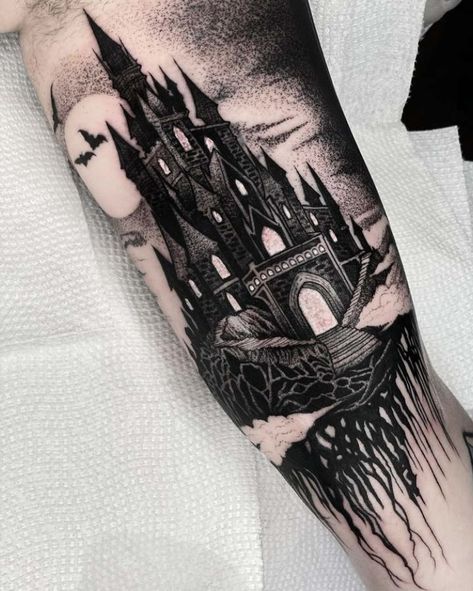 Gothic Black And Grey Tattoos, Gothic Mansion Tattoo, Graveyard Scene Tattoo, Floating Castle Tattoo, Vampire Castle Tattoo, Gothic Architecture Tattoo Sleeve, Spooky House Tattoo, Draculas Castle Tattoo, Medieval Castle Tattoo