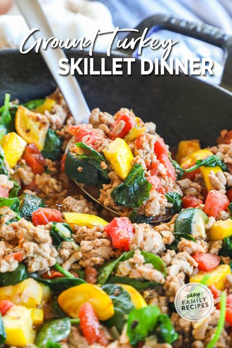 Try this ONE-PAN, easy clean up, 30 MINUTE family friendly dinner! This FAST Italian seasoned ground turkey recipe uses fresh zucchini, yellow squash, and spinach with canned tomatoes for a delicious, wholesome one-skillet meal your family will love. It’s a go-to quick and easy dinner on busy nights, or when you need that perfect meal prep recipe for lunch. Serve it with pasta, grains, or garlic bread for a satisfying dinner, then repurpose leftovers in new and tasty ways the rest of the week! Turkey And Vegetable Skillet, Italian Ground Turkey, Seasoned Ground Turkey, Ground Turkey Recipe, Vegetable Skillet, Zucchini Yellow Squash, Veggie Skillet, Yellow Squash Recipes, Healthier Treats