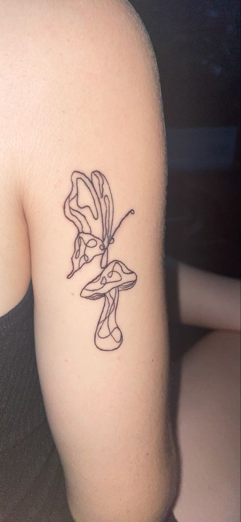 Fine line Butterfly mushroom tattoo! Line Work Mushroom Tattoo, Mushroom Tattoo Linework, Mushroom And Butterfly Tattoo, Fine Line Mushroom Tattoo, Fairycore Tattoo Ideas, Minimalist Mushroom Tattoo, Mushroom Fairy Tattoo, Mushroom Tattoos Simple, Matching Mushroom Tattoos