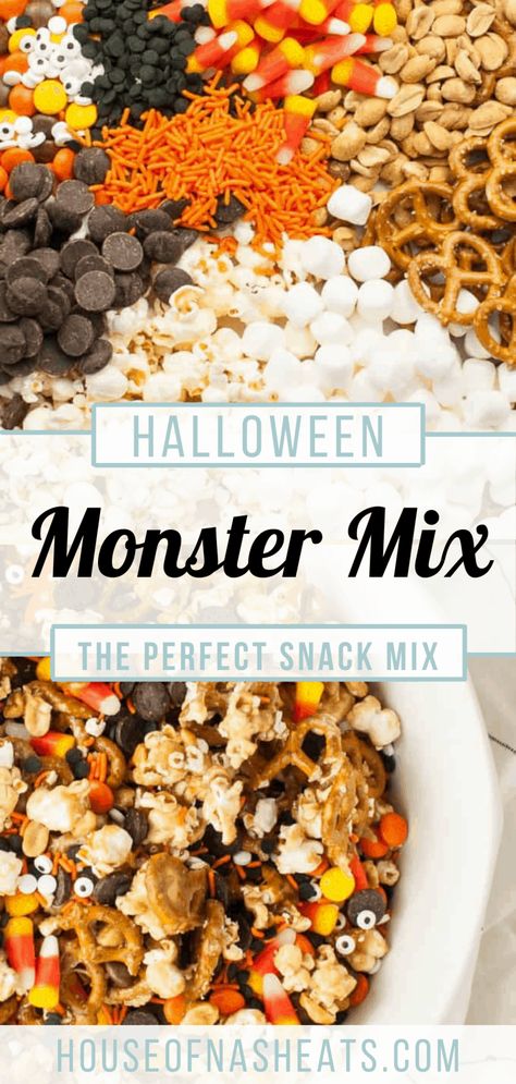 Halloween Monster Snack Mix Halloween Popcorn Mix, Halloween Trail Mix, Halloween Party Mix, Monster Snacks, Fall Snack Mixes, Halloween Snack Mix, Caramel Apples Homemade, Halloween Popcorn, Popcorn Mix