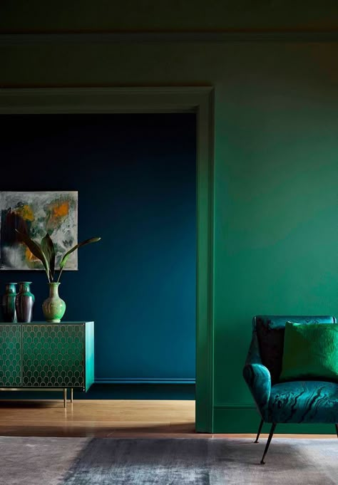 Tea Photography, Blue Wall Colors, Blue Interior Design, Interesting Interiors, New Paint Colors, Green Room, Paint Colour, Blue Home Decor, Green Interiors