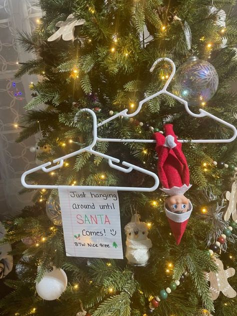 Elf On Christmas Tree Ideas, Elf On The Tree Ideas, Things To Do With An Elf On The Shelf, Elf In The Shelf Funny Ideas, Elf On The Shelf Ideas For Toddlers First Day, Tree Elf On The Shelf Ideas, Elf On The Shelf Ideas High Up, Elves On Shelf Ideas, Elf On The Shelf Tree Decorating