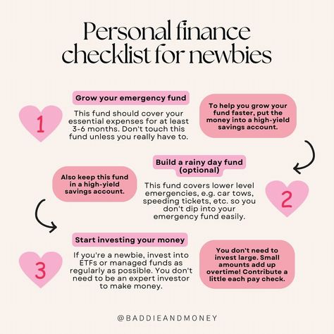 Hey finance besties 💗!! This post is for the people getting started with their personal finance journey 📝✨. Personally, I think having an… | Instagram Baddie Money, Rainy Day Fund, Financial Life Hacks, Finance Books, Paying Bills, Start Investing, Teen Life, Emergency Fund, Savings Account