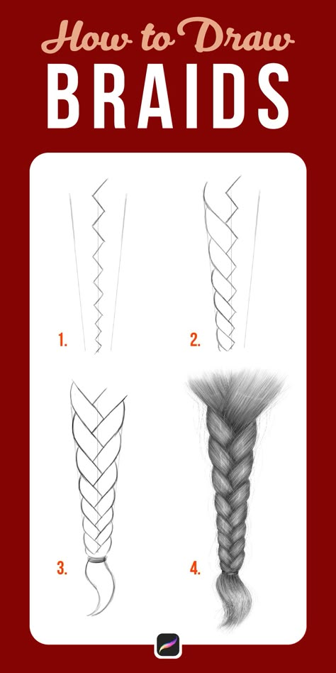 Easy how to draw a braid tutorial Braid Sketch How To Draw, How To Draw A Hairstyle, How To Draw A Braid Easy, How To Draw A Braid Step By Step, Braid Hairstyles Drawing, Procreate Drawing Ideas Beginner Step By Step, How To Draw Braided Hair, Painting Braids, Braid Drawing Tutorial