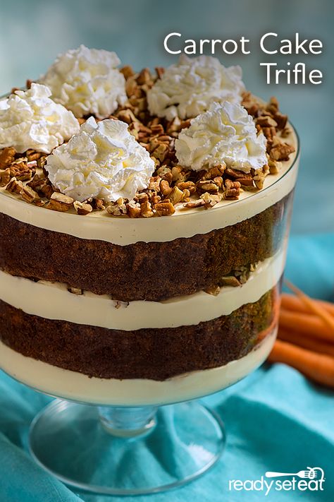 Impress the family this Easter with a layered dessert with moist carrot cake, crunchy pecans and sweet, tangy cream cheese icing with a little secret ingredient using Reddi-wip®! Carrot Cake Trifle, Trifle Bowl Recipes, Cake Trifle, Trifle Dessert Recipes, Moist Carrot Cake, Ready Set Eat, Layered Dessert, Coconut Dessert, Moist Carrot Cakes