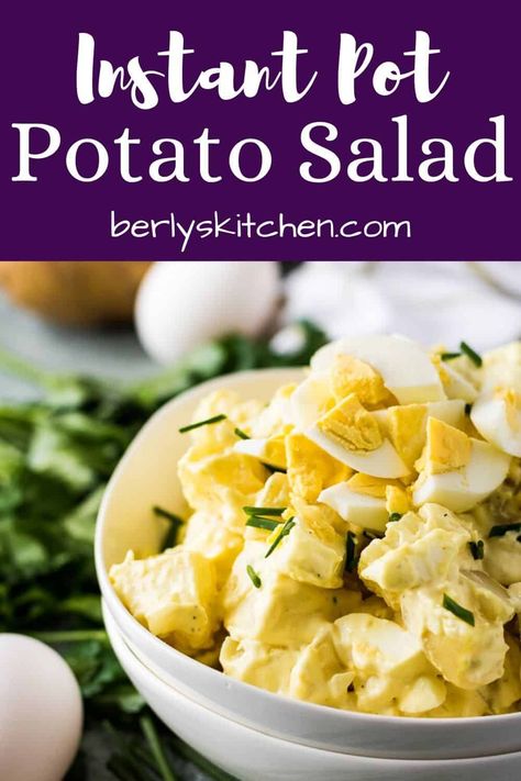 Instant Pot Potato Salad makes an easy side dish for potlucks, picnics, and barbecues. It's full of all the classic ingredients like potatoes, eggs, onions, and a savory mayonnaise dressing only it's prepared in less time. #berlyskitchen Sides With Potatoes, Potato Salad Instant Pot, Instant Pot Potato Salad, Mayonnaise Dressing, Potluck Side Dishes, Side Dishes For Chicken, Easy Potato Salad, Potluck Dishes, Easy Side Dish