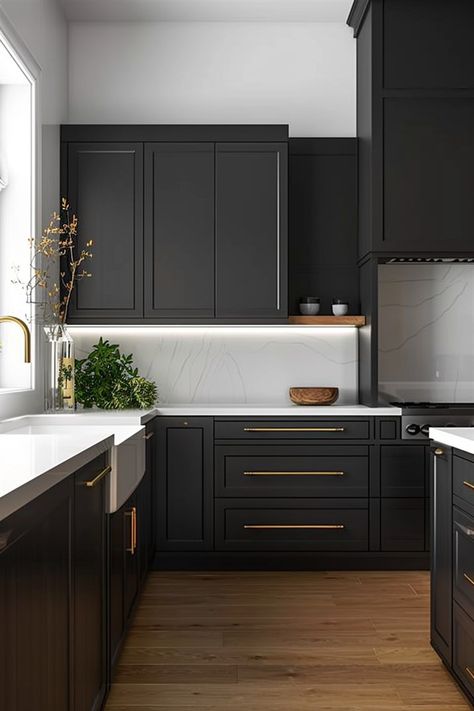 Black Warehouse, Black Kitchen Ideas, Warehouse Kitchen, Modern Black Kitchen, Kitchen Styles, Black Kitchen Cabinets, Dark Kitchen, White Marble Countertops, Functional Space