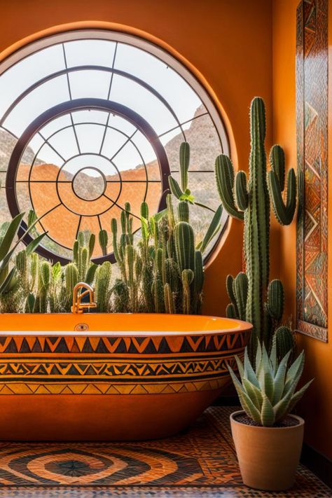 Orange bathroom Cactus Bathroom Decor, Mexico Interior Design, Small Bathroom Styles, Colorful Eclectic Home, Aesthetic Interior Design, Orange Bathroom, Orange Bathrooms, Mexican Home Decor, Home Decor Colors