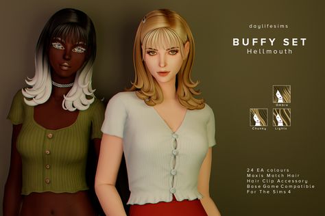 BUFFY HAIR SET - Hellmouth | Daylife Sims on Patreon Buffy Hair, Daylife Sims, The Sims 4 Skin, Pelo Sims, The Sims 4 Packs, Sims 4 Mm Cc, Sims 4 Game Mods, Hair Set, Sims 4 Cc Folder