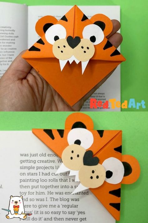 Tiger Arts And Crafts, Tiger Crafts For Kids, Wild Animal Craft, Tiger Paper Craft, Tiger Bookmark, Tiger Craft, Origami Bookmark Corner, Bookmark Corner, Basic Origami