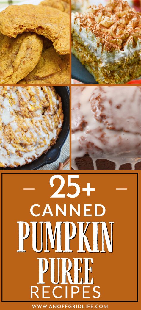 25+ canned pumpkin puree recipes text overlay on collage of pumpkin baked goods. Recipes For Leftovers, Leftover Canned Pumpkin, Leftover Pumpkin Puree, Healthy Pumpkin Bars, Pumpkin Roll Recipe Easy, Pumpkin Dessert Recipes, Fall Desserts Pumpkin, Puree Recipes, Canned Pumpkin Recipes