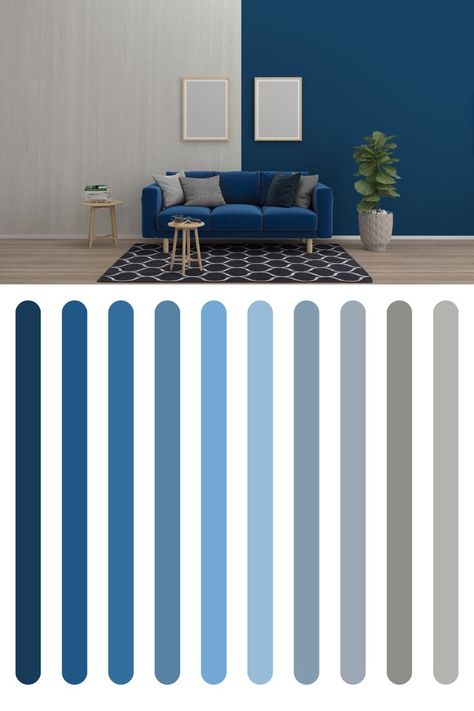 Half Grey Wall, Half Wall Paint Living Room, Exterior House Paint Color Combinations Grey Blue Colour Palettes, Drawing Room Colour Combinations, Blue Sofa Living Room Color Combinations, Drawing Room Colour Combination, Drawing Room Colour, Sofa Colour Combinations, Blue Sofa Living