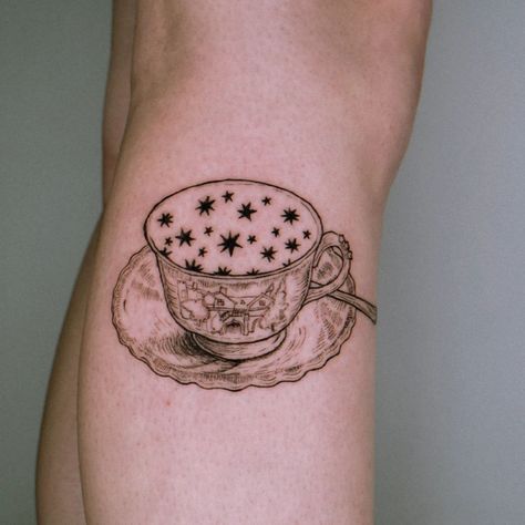 Cup And Saucer Tattoo, Teacup And Saucer Tattoo, Cup Of Stars Hill House Tattoo, Bowl Of Soup Tattoo, V Shaped Tattoo, Teacup Tattoo Design, Cloche Tattoo, Vintage Teacup Tattoo, Cup Of Stars Tattoo