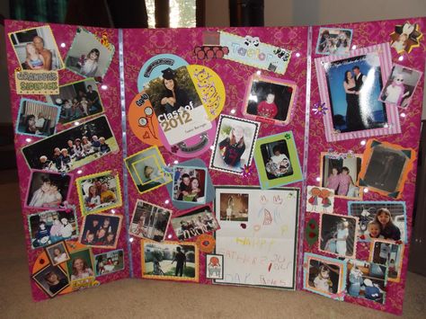 Spotlight the person or couple with a photo collage. Foam tri-fold covered in fabric, poster lights added to make things light up (strung through back and battery operated), scrapbook like normal and attach to board. Graduation Display, Purple Pics, Senior Posters, Senior Night Posters, Graduation Poster, Senior Night Gifts, Locker Decorations, Grad Ideas, Memory Board