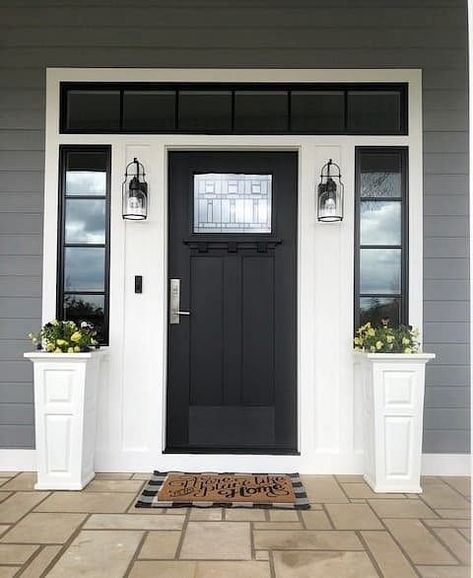 Before and After: Black Craftsman Front Door Updates Home | Pella Front Door Sidelights, Craftsman Front Door, Black Entry Doors, Entry Door Colors, Door Sidelights, Entry Door With Sidelights, Craftsman Style Doors, Black Front Door, Traditional Front Doors