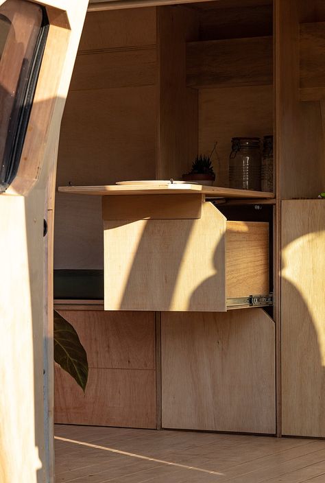 Photo 12 of 16 in This Chevy Camper Van’s Wondrous Wooden Interior Will Make You Look Twice - Dwell Tiny House On Wheels Kitchen, Chevy Camper Van, Ply Furniture, Vw T3 Camper, Camper Van Kitchen, Van Interiors, Wooden Interior, Van Storage, Camping 101