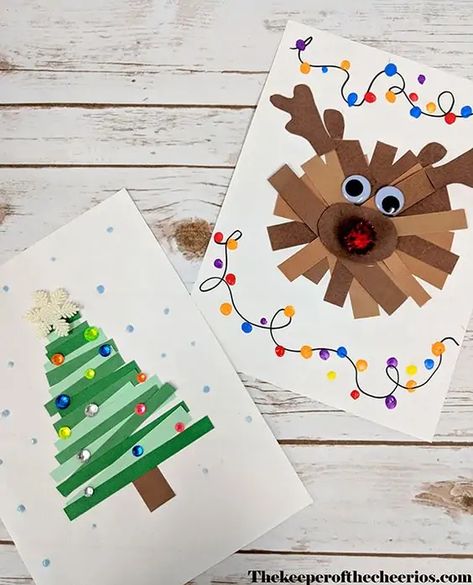 Use all those strips from your preschoolers scissor practice and make a creative paper strip Christmas card. Crafting your own Christmas cards doesn't have to take hours and hours or break the bank.  Here's a list of easy, low-prep Christmas cards kids can make in a jiffy! #howweelearn #christmascrafts #christmascards #christmascraftsforkids #homemade #christmascraftsdiy Christmas Cards For Kids, Christmas Cards Kids, Simple Christmas Cards, Cards For Kids, Christmas School, Christmas Card Crafts, Preschool Christmas, Christmas Classroom, Easy Christmas Crafts