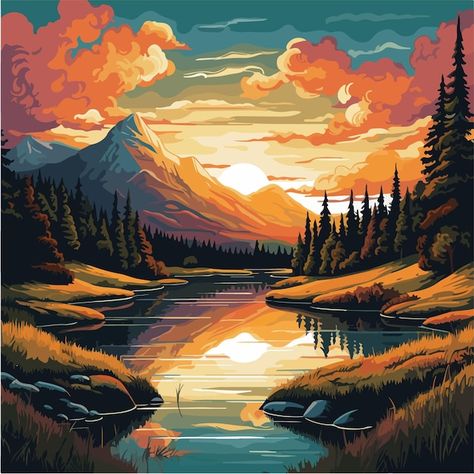 A painting of a lake with mountains in t... | Premium Vector #Freepik #vector #alberta #vector-illustration #landscape-vector #sunset-landscape Mountain Lake Illustration, Vector Landscape Illustration, Mountain Landscape Illustration, Lake With Mountains, Lake Illustration, Mountains Illustration, Journal Photos, Sunset Landscape Painting, Coffee Mornings